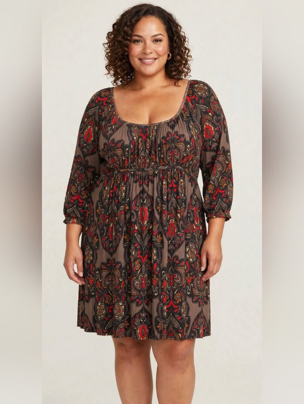 New York & Company XL Boho Paisley Peasant Dress Rayon Stretch 3/4 Sleeve